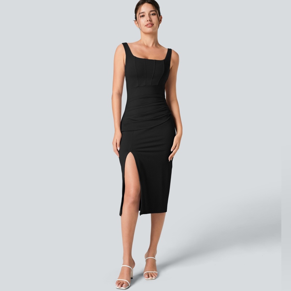 Black Square-Neck Midi Dress with Side Slit - Women